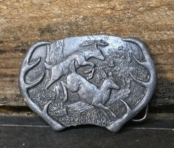 1977 Bergamont Pewter Deer Buckle Hunting Scene Belt Buckle Metal Western Cowboy