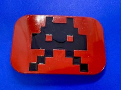 Iconic Pixelated Alien Space Invaders Arcade Game Red Black Enamel Belt Buckle