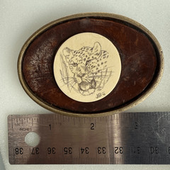 Vintage Barlow 1978 Brass authentic Scrimshaw and leather Buckle signed
