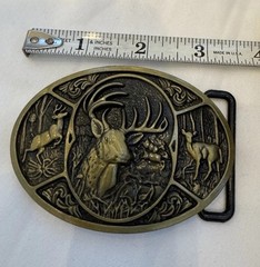 Vintage Buckle RAGE Brass Deer Elk Hunting BELT BUCKLE 3.5” Oval Fits 1.5” Belt