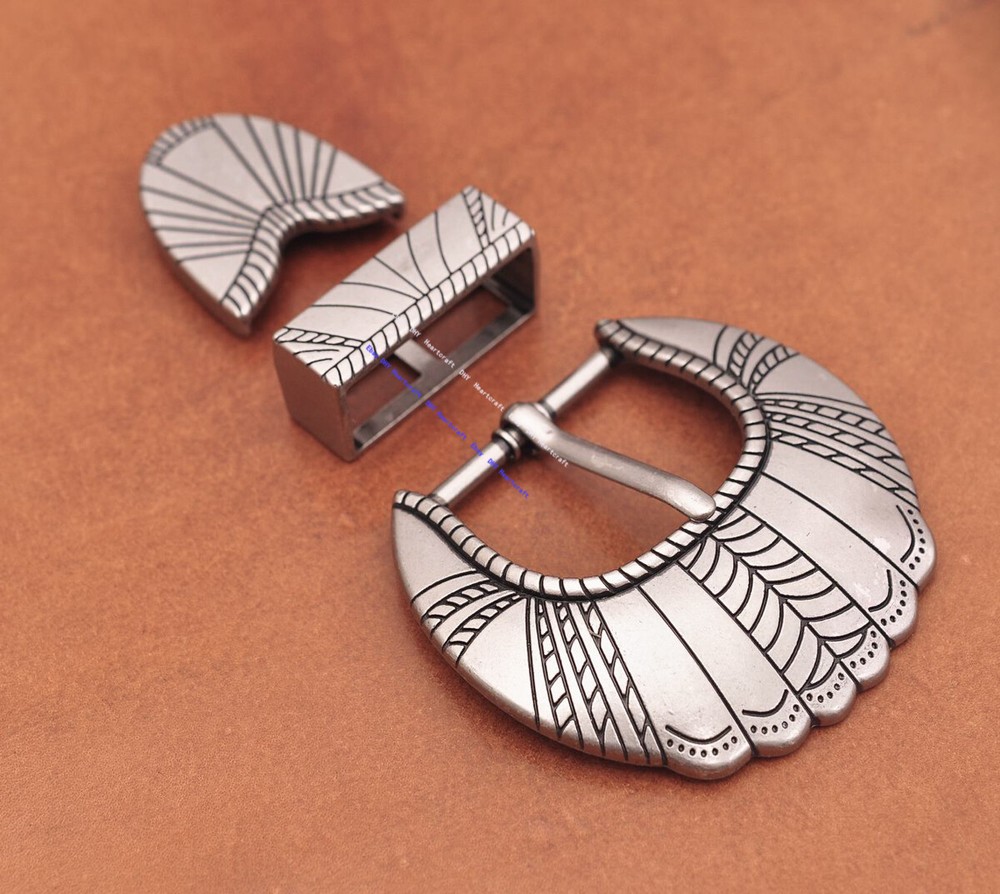 Inner 30MM Anqitue Silver Traditional Tribal Flower Leather Belt Buckle 3pcs Set