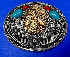 Native American Indian Chief in Head Dress Faux Turquoise & Coral Belt Buckle