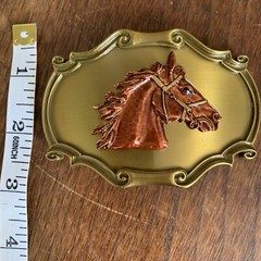 Vintage Horse Head Western Brass Belt Buckle Scalloped Raintree Made In USA 70s