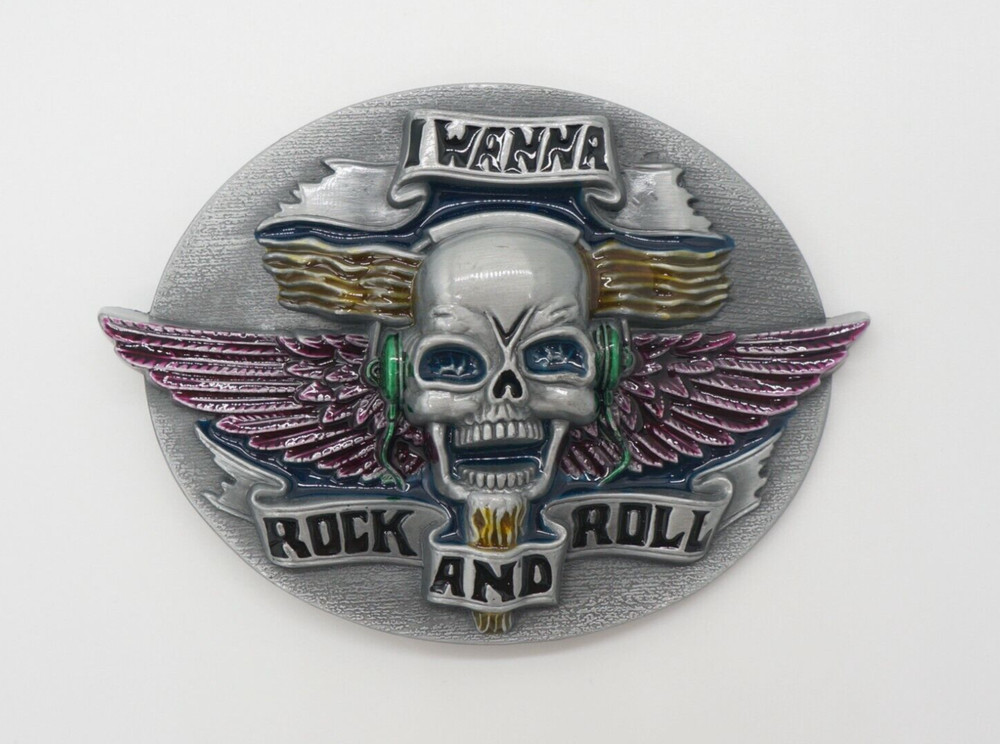 I Wanna Rock n Roll Belt Buckle | American Vintage Silver Skull Buckle