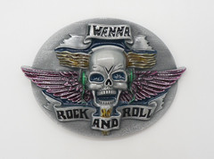 I Wanna Rock n Roll Belt Buckle | American Vintage Silver Skull Buckle
