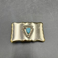 Vtg Native American Theme Belt Buckle Faux Turquoise Scalloped Edge Southwestern