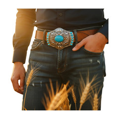Men Women Silver Big Metal Belt Buckle Southwestern Fashion Turquoise Blue Beads