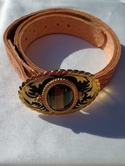 Tooled leather belt with western gold toned buckle w/tiger eye embellishment