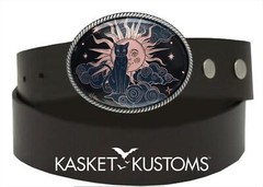 Mystic Cat Belt Buckle – Dark Celestial Sun & Stars Handmade Silver Buckle – 19