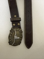 Men’s Size 33&Prime;-38&Prime; Brown Embossed Western Belt W/ Longhorn Buckle, Studded Edge