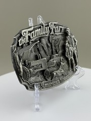 Family Farm Belt Buckle American Tradition Tractor Barn Vintage Pewter C+J 1986