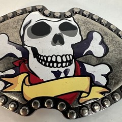 Skull & Crossbones Metal Belt Buckle 4” Studded Edge, Bandanna, And Banner
