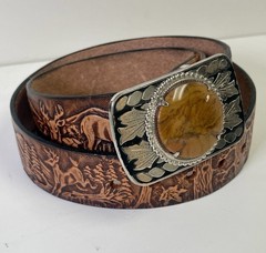 Vtg Tooled Leather Western Belt & Brown Stone BUCKLE 30/34 Small Deer Woods USA