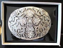 *Nocona Blazin Roxx Silver Plated Oval Cross Rhinestone Western Belt BUCKLE NEW!