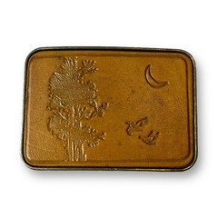 VTG Western Tooled Brown Leather Brass Belt Buckle Unbranded Tree Moon Bird