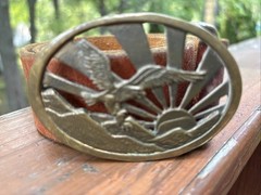 VTG Bronze Belt Buckle Eagle Sunrise Patriotic Rams Horn 1976 Leather Belt