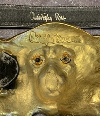 CHRISTOPHER ROSS LION HEAD 1984 GLASS EYES BUCKLE & BLACK BELT 24kt GOLD PLATED
