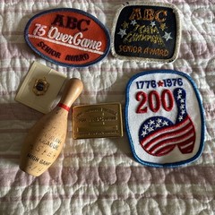Vintage lot ABC Bowling League Award Brass Belt Buckle RARE, pin patches