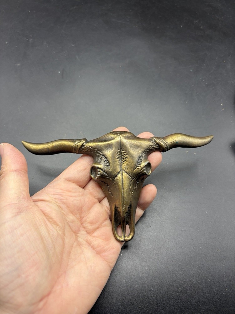 Vtg Large Ox Bull Longhorn Skull Western Cowboy Brass Belt Buckle 6 3/8”L Heavy