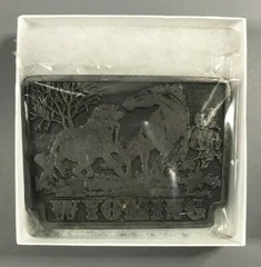 Vintage 1975 WYOMING w/ Horses Dezy Pewter Tone Belt Buckle