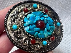 VTG Turquoise Belt Buckle Red Color Stones South Western Country Style Oval