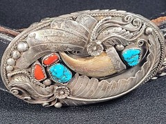 Braided Nylon And Leather Belt With Silver Turquoise Coral Belt Buckle 35097-11