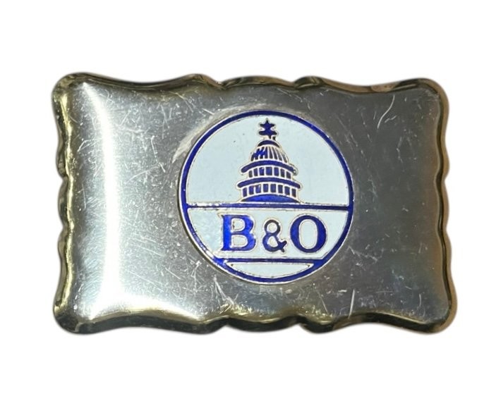B&O Railroad Belt Buckle Baltimore & Ohio Blue Enamel 3.75&Prime; Vintage Train