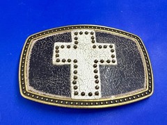 Metallic Theme Religious Cross Studded Design on White Faux Leather Belt Buckle