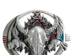 New Raised Steer Skull Belt Buckle Enameled South Western Metal Pewter Tone