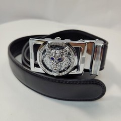 Men&rsquo;s Wolf Head Fashion Belt Silver Buckle Black