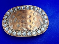 Textured Hammered Metal with Clear Rhinestone Border Modernist Belt Buckle
