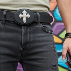New Buckle Men Women Black Faux Leather Silver Metal Western Cowboy Rodeo Cross