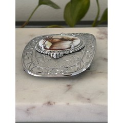 Vintage Western Horse Belt Buckle Silver Tone Engraved Floral Equestrian Oval