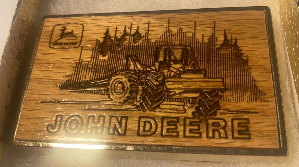 Vintage 1985 Metal Belt Buckle, Brass and Wood, John Deere, Tractor, Farming, Fa