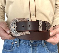Western 3-Piece Belt Buckle Set Floral Engraved Cowboy Style For 1.5&Prime; Wide Belt