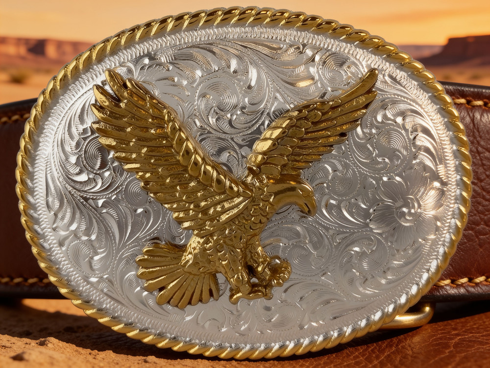 Western Belt Buckle American Eagle Gold Silver Tone Oval Cowboy Patriotic Men