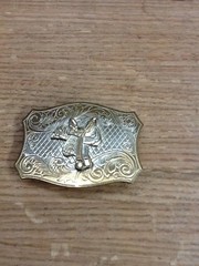 Vintage Western Horse Saddle Belt Buckle Solid Brass Engraved Floral Gold Tone