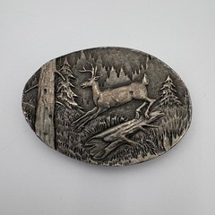 Vintage Indiana Metal Craft Belt Buckle Deer Forest Scene 1980 G297