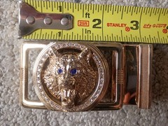 Gold Wolf Head Belt Buckle Rhinestone Blue Eyes Bling Hip Hop Mens Slide GUC