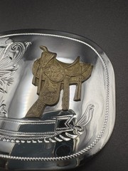 Silver Tone Engraved Western Cowboy Belt Buckle With 3D Bronze Tone Saddle