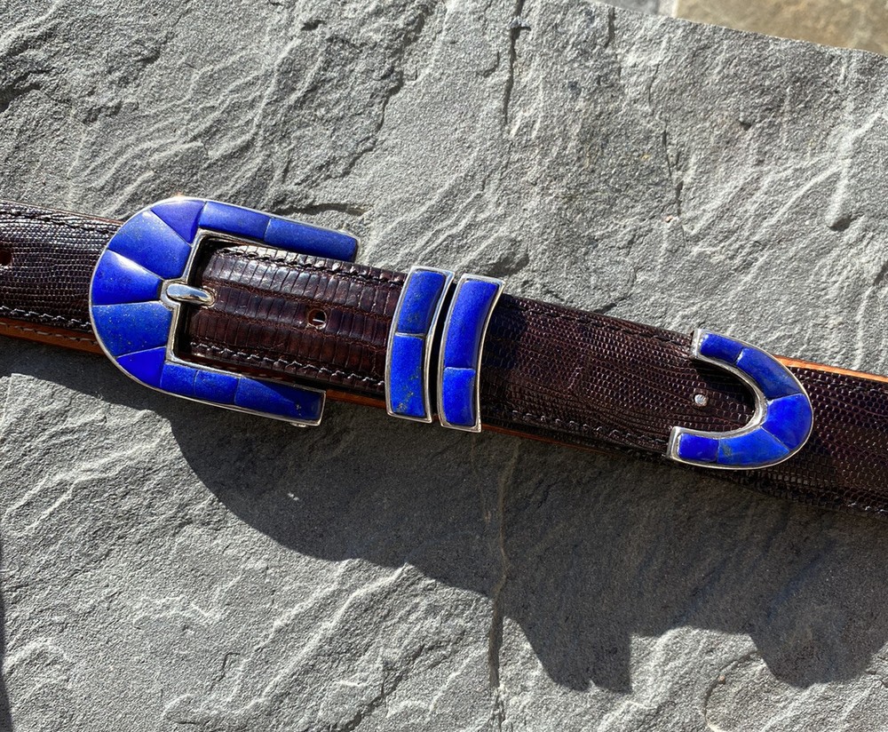 James Reid Sterling Silver Lapis Lazuli Stone Row belt buckle set ✅