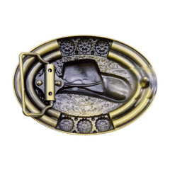Men Antique Gold Metal Western Belt Buckle Cowboy Hat Turquoise Blue Color Beads