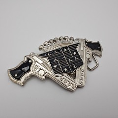 Western Outlaw Style Belt Buckle Crossed Revolvers Silver Tone Black Enamel