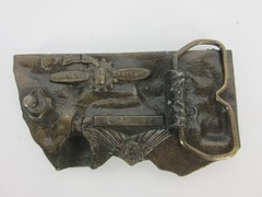 CAPT. HAWKS SKY PATROL Belt Buckle 1977 Brass Locomotive Train Patina 4&Prime; x 2&Prime;