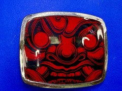 Samurai Video Game Cyberpunk Oni Mask Red Black Enamel Belt Buckle