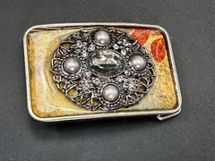 Chunky Raised Flower Swirl Theme Oval Cluster In Rectangular Belt Buckle
