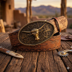 Retro Western Style Casual Belt with Antiqued Alloy Bullhead Buckle, a Versatile