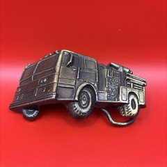 Vtg Fire Truck Belt Buckle Made in USA Solid Cast Metal, Antique Brass Finish