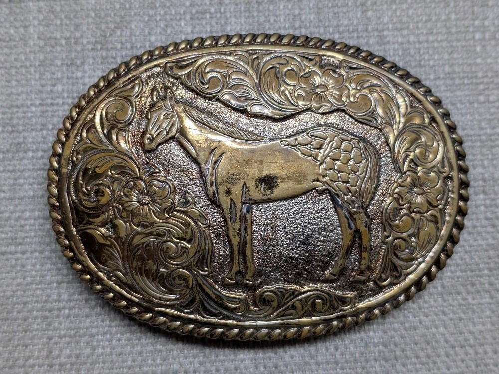 vintage CRUMRINE belt buckle BRONZE engraved HORSE floral WESTERN cowboy