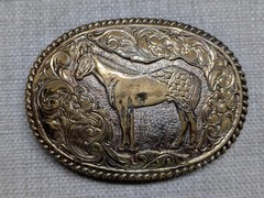 vintage CRUMRINE belt buckle BRONZE engraved HORSE floral WESTERN cowboy